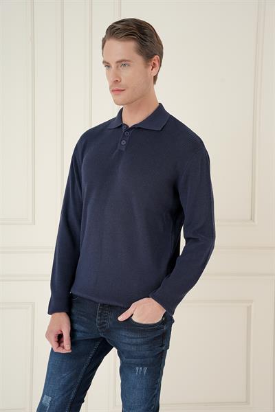 Fitilli Dokuma Düğmeli Polo Yaka Lacivert Triko Kazak TR 887