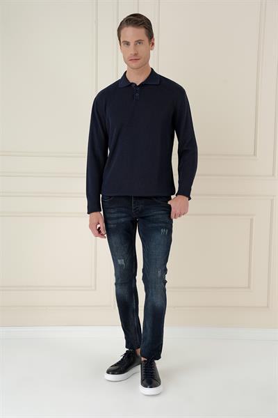 Fitilli Dokuma Düğmeli Polo Yaka Lacivert Triko Kazak TR 887