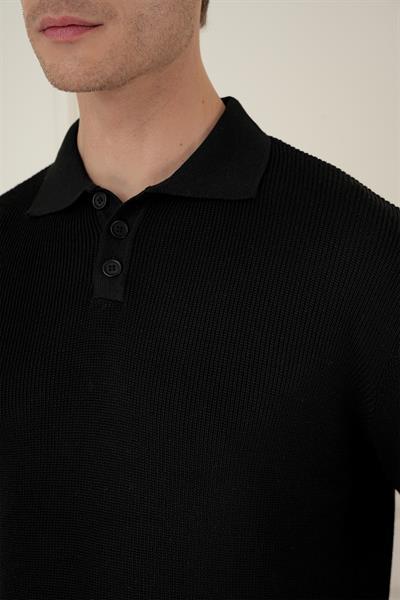 Fitilli Dokuma Düğmeli Polo Yaka Siyah Triko Kazak TR 887