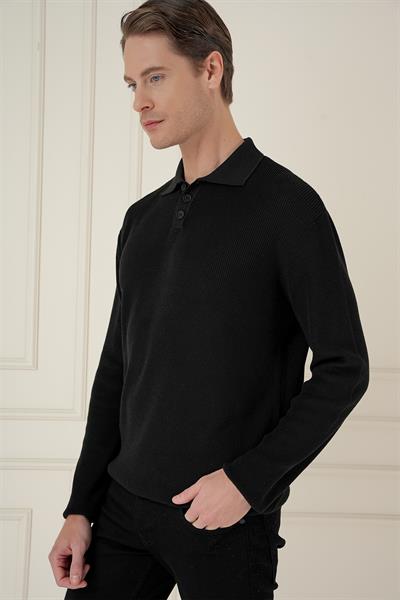 Fitilli Dokuma Düğmeli Polo Yaka Siyah Triko Kazak TR 887