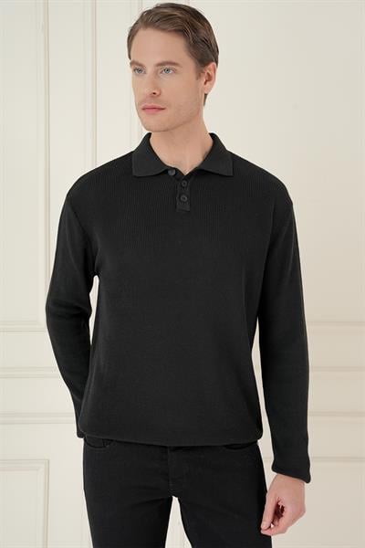 Fitilli Dokuma Düğmeli Polo Yaka Siyah Triko Kazak TR 887