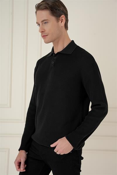 Fitilli Dokuma Düğmeli Polo Yaka Siyah Triko Kazak TR 887