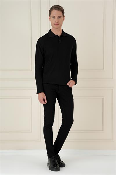 Fitilli Dokuma Düğmeli Polo Yaka Siyah Triko Kazak TR 887