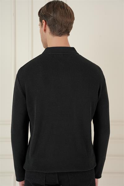 Fitilli Dokuma Düğmeli Polo Yaka Siyah Triko Kazak TR 887