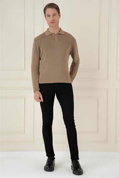 Fitilli Dokuma Düğmeli Polo Yaka Vizon Triko Kazak TR 887