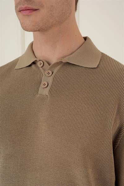 Fitilli Dokuma Düğmeli Polo Yaka Vizon Triko Kazak TR 887
