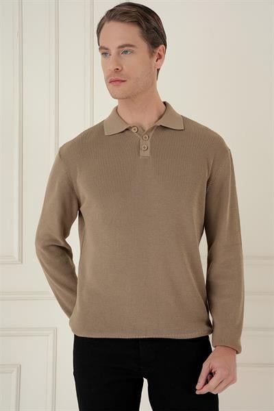Fitilli Dokuma Düğmeli Polo Yaka Vizon Triko Kazak TR 887