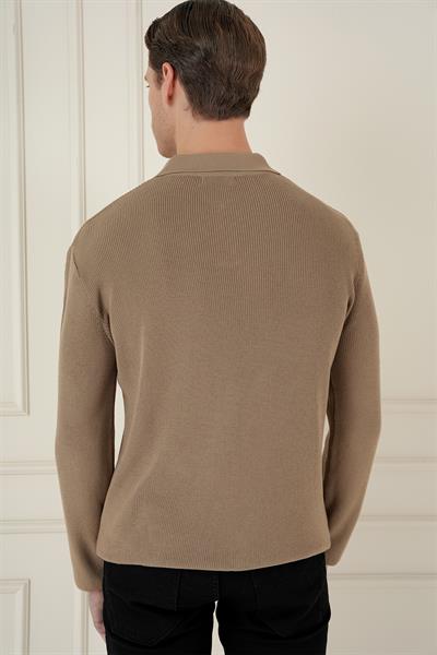 Fitilli Dokuma Düğmeli Polo Yaka Vizon Triko Kazak TR 887