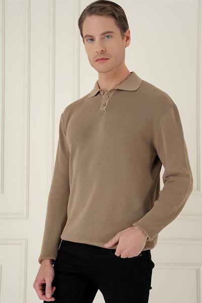 Fitilli Dokuma Düğmeli Polo Yaka Vizon Triko Kazak TR 887