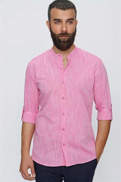 Slim Fit %100 Pamuk Katlamalı Kol Mercan Hakim Yaka Gömlek G 1498
