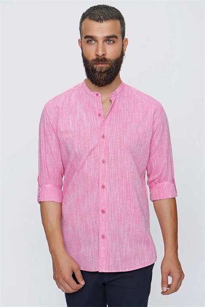 Slim Fit %100 Pamuk Katlamalı Kol Mercan Hakim Yaka Gömlek G 1498