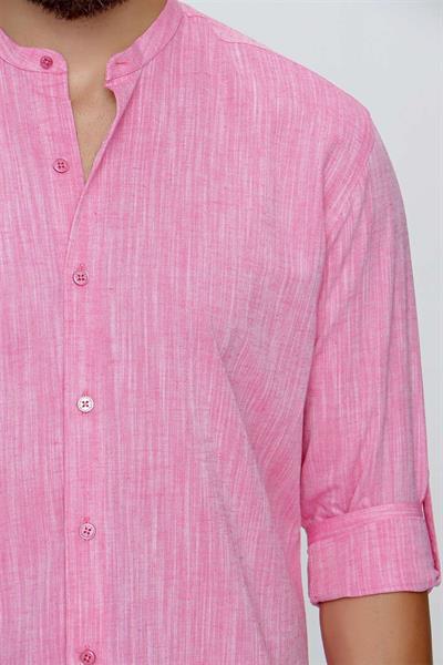Slim Fit %100 Pamuk Katlamalı Kol Mercan Hakim Yaka Gömlek G 1498
