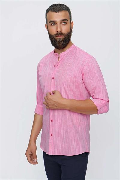 Slim Fit %100 Pamuk Katlamalı Kol Mercan Hakim Yaka Gömlek G 1498