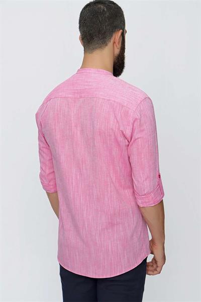 Slim Fit %100 Pamuk Katlamalı Kol Mercan Hakim Yaka Gömlek G 1498