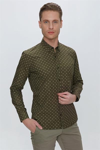 Slim Fit %100 Pamuk Düğmeli Yaka Desenli Haki Gömlek G 1518
