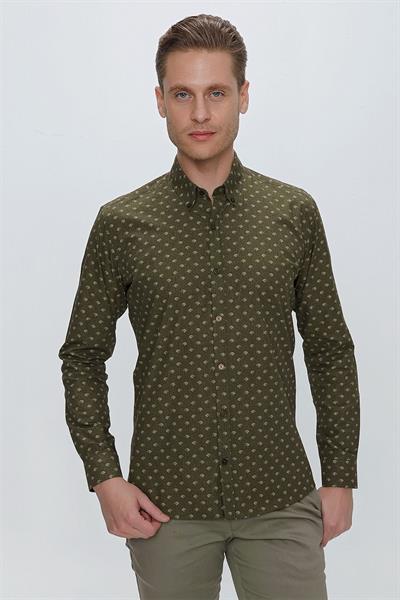 Slim Fit %100 Pamuk Düğmeli Yaka Desenli Haki Gömlek G 1518