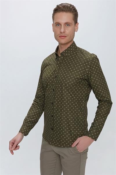 Slim Fit %100 Pamuk Düğmeli Yaka Desenli Haki Gömlek G 1518