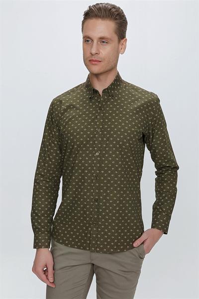 Slim Fit %100 Pamuk Düğmeli Yaka Desenli Haki Gömlek G 1518