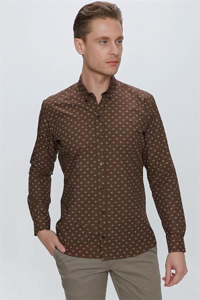 Slim Fit %100 Pamuk Düğmeli Yaka Desenli Kahverengi Gömlek G 1518