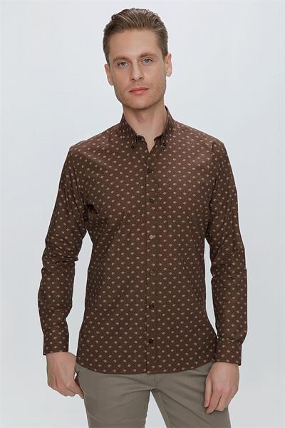 Slim Fit %100 Pamuk Düğmeli Yaka Desenli Kahverengi Gömlek G 1518