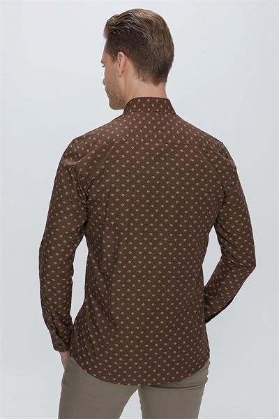 Slim Fit %100 Pamuk Düğmeli Yaka Desenli Kahverengi Gömlek G 1518