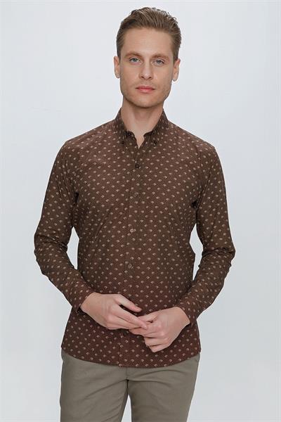 Slim Fit %100 Pamuk Düğmeli Yaka Desenli Kahverengi Gömlek G 1518