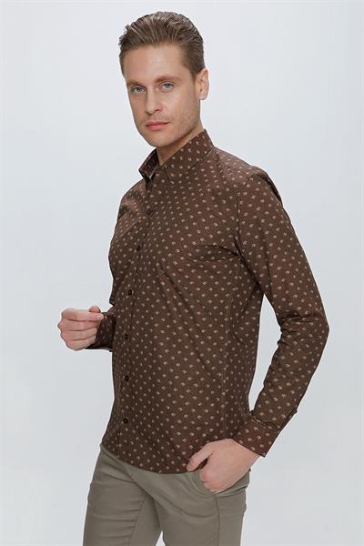 Slim Fit %100 Pamuk Düğmeli Yaka Desenli Kahverengi Gömlek G 1518