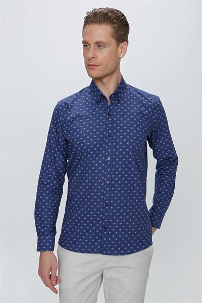 Slim Fit %100 Pamuk Düğmeli Yaka Desenli Lacivert Gömlek G 1518