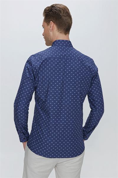 Slim Fit %100 Pamuk Düğmeli Yaka Desenli Lacivert Gömlek G 1518