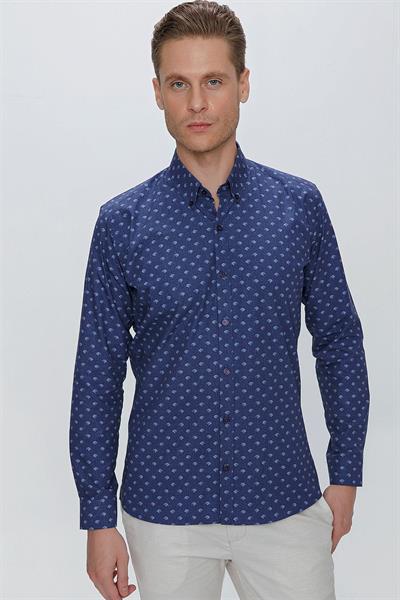 Slim Fit %100 Pamuk Düğmeli Yaka Desenli Lacivert Gömlek G 1518
