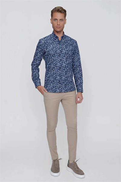 Slim Fit %100 Pamuk Düğmeli Yaka Desenli Lacivert Gömlek G 1521