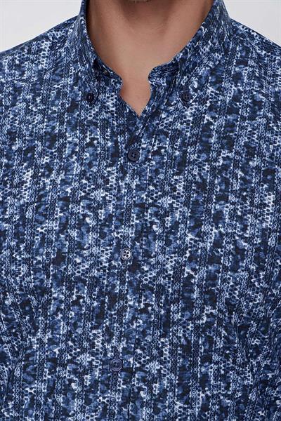 Slim Fit %100 Pamuk Düğmeli Yaka Desenli Lacivert Gömlek G 1521
