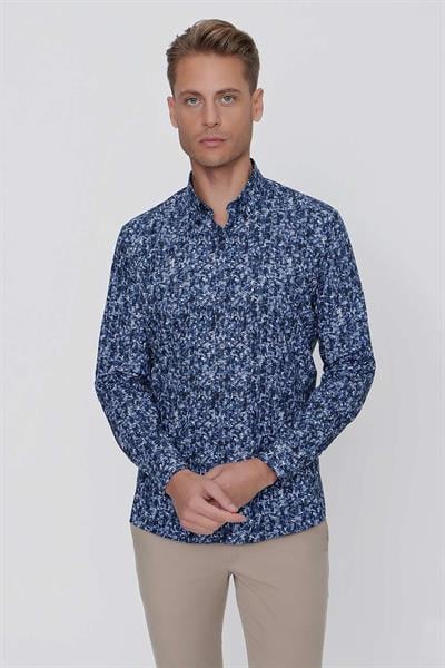 Slim Fit %100 Pamuk Düğmeli Yaka Desenli Lacivert Gömlek G 1521