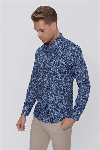 Slim Fit %100 Pamuk Düğmeli Yaka Desenli Lacivert Gömlek G 1521