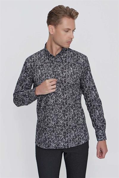 Slim Fit %100 Pamuk Düğmeli Yaka Desenli Siyah Gömlek G 1521