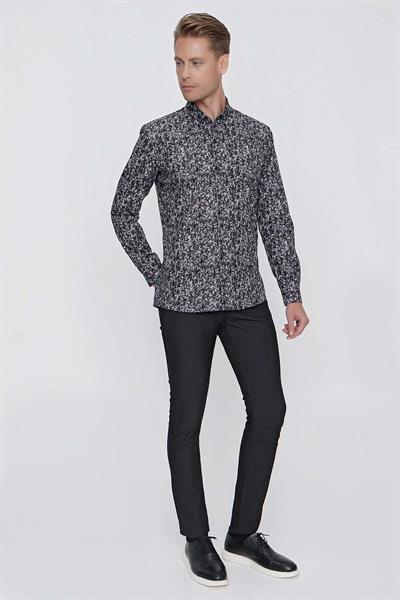 Slim Fit %100 Pamuk Düğmeli Yaka Desenli Siyah Gömlek G 1521