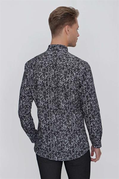 Slim Fit %100 Pamuk Düğmeli Yaka Desenli Siyah Gömlek G 1521