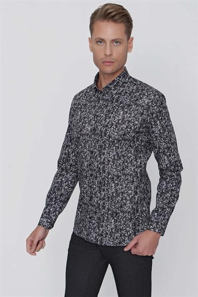 Slim Fit %100 Pamuk Düğmeli Yaka Desenli Siyah Gömlek G 1521