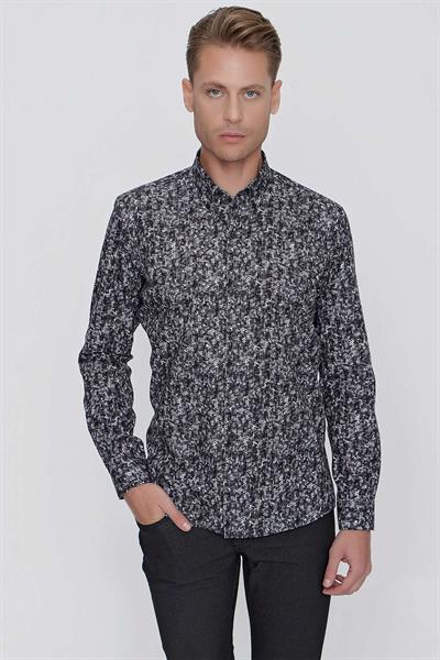 Slim Fit %100 Pamuk Düğmeli Yaka Desenli Siyah Gömlek G 1521