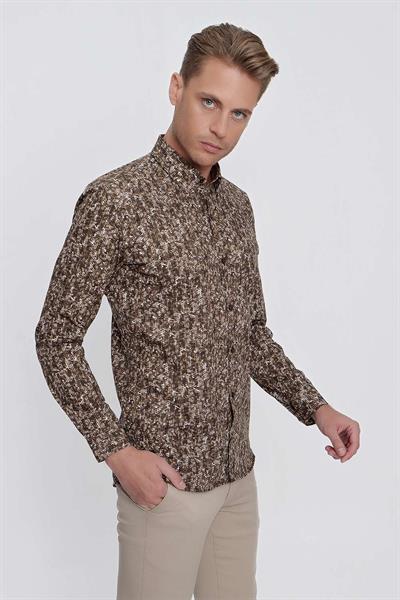 Slim Fit %100 Pamuk Düğmeli Yaka Desenli Tütün Gömlek G 1521