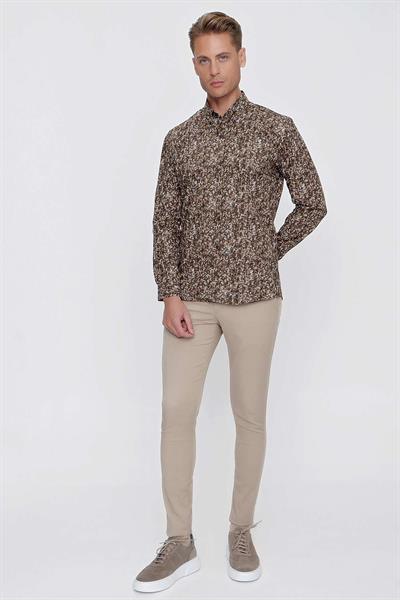 Slim Fit %100 Pamuk Düğmeli Yaka Desenli Tütün Gömlek G 1521