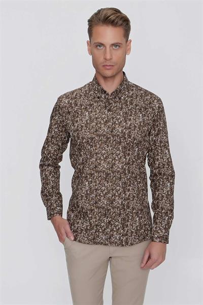 Slim Fit %100 Pamuk Düğmeli Yaka Desenli Tütün Gömlek G 1521