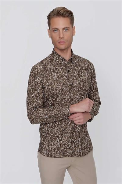 Slim Fit %100 Pamuk Düğmeli Yaka Desenli Tütün Gömlek G 1521