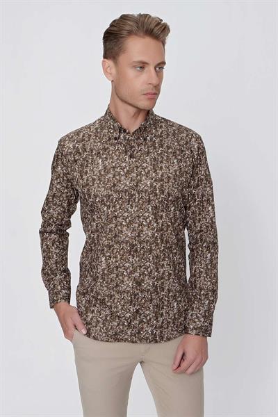 Slim Fit %100 Pamuk Düğmeli Yaka Desenli Tütün Gömlek G 1521