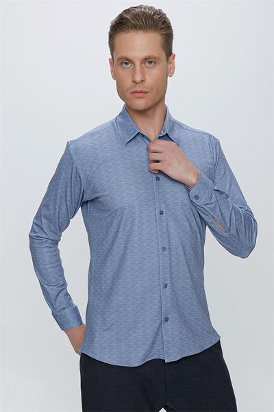 Slim Fit Doku Desenli Esnek Pamuk Mavi Gömlek G 1523