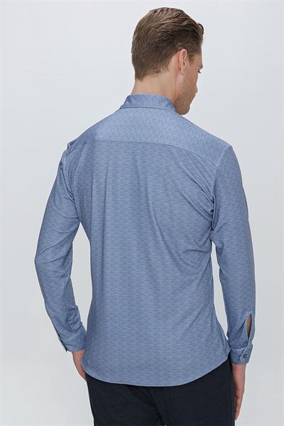 Slim Fit Doku Desenli Esnek Pamuk Mavi Gömlek G 1523