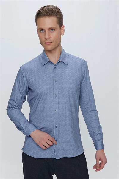 Slim Fit Doku Desenli Esnek Pamuk Mavi Gömlek G 1523