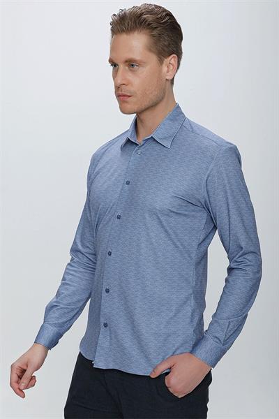 Slim Fit Doku Desenli Esnek Pamuk Mavi Gömlek G 1523