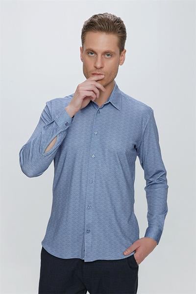 Slim Fit Doku Desenli Esnek Pamuk Mavi Gömlek G 1523