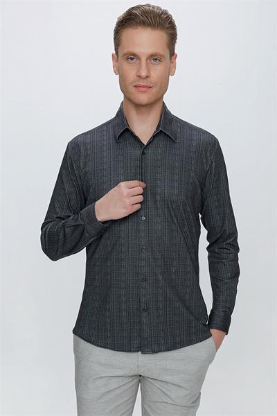 Slim Fit Doku Desenli Esnek Pamuk Siyah Gömlek G 1525
